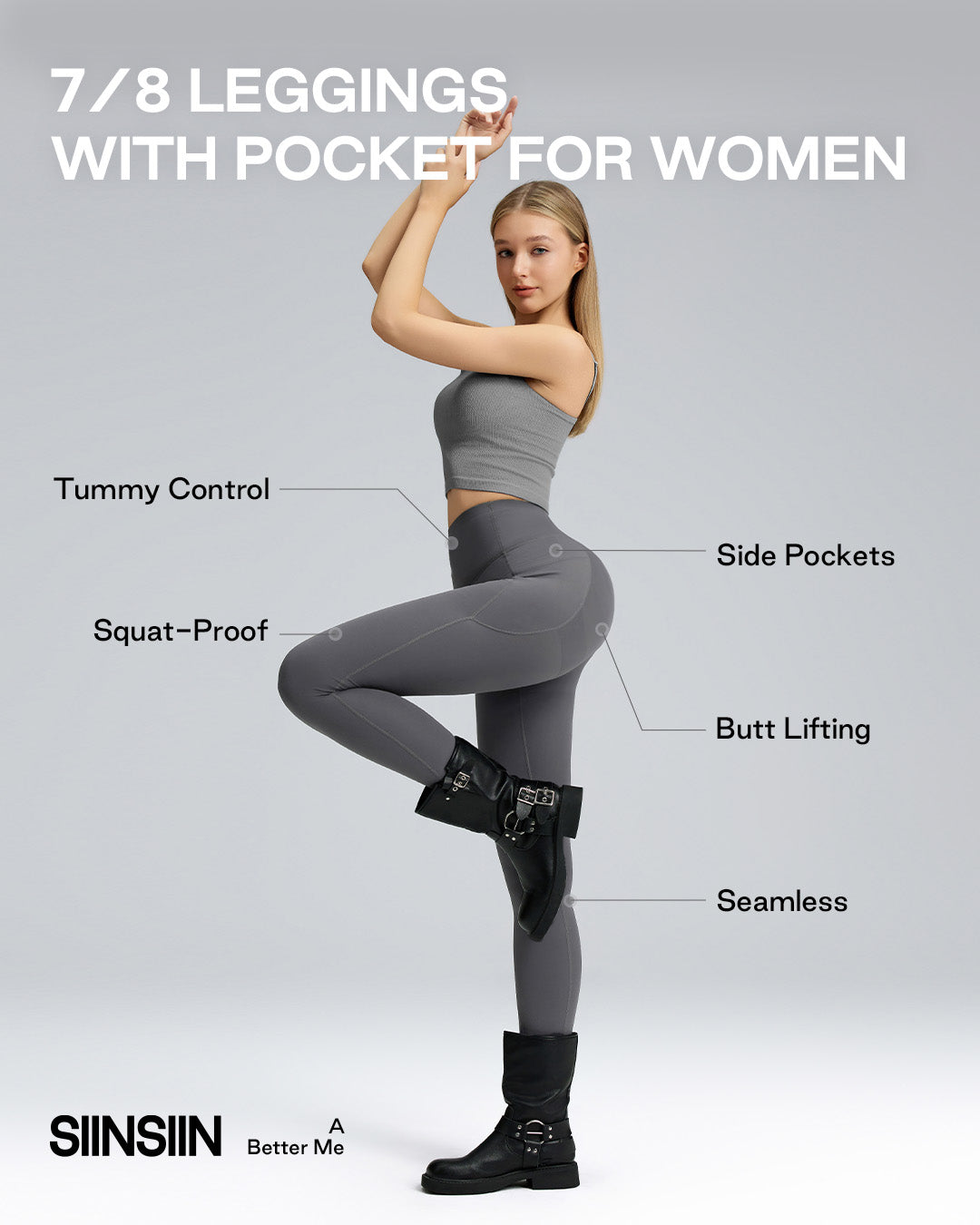 SIINSIIN Shaplite™ Butt Lifting Leggings with Pocket for Women High Waisted Tummy Control Squat-Proof Compression 7/8 Womens Leggings